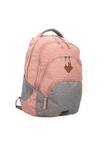 Zaino con un tessuto rosa testurizzato, pannello inferiore grigio, due cerniere frontali, tasca laterale in rete e un accento del logo marrone sulla parte anteriore.