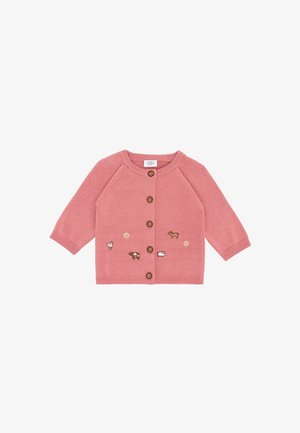 Rosa gestrickte Babystrickjacke mit Holzknöpfen und kleinen bestickten Bauernhoftieren und Blumen entlang des unteren vorderen Randes.