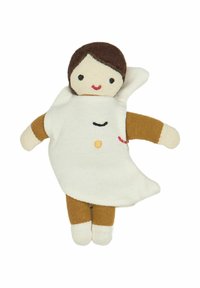 Zachte stoffen pop met een bruinharig hoofd, beige en bruine ledematen, een witte tuniek en eenvoudige geborduurde gelaatskenmerken.