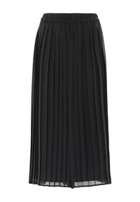 Schwarzer plissierter Rock mit elastischem Bund. Hergestellt aus leichtem Material. Verfügt über vertikale Falten und ein fließendes Design.