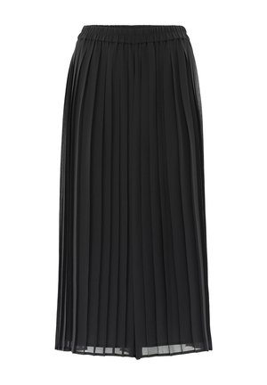 Schwarzer plissierter Rock mit elastischem Bund. Hergestellt aus leichtem Material. Verfügt über vertikale Falten und ein fließendes Design.