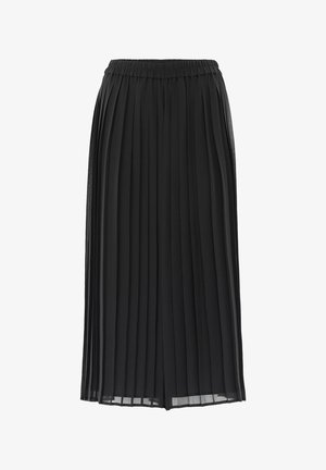 Schwarzer plissierter Rock mit elastischem Bund. Hergestellt aus leichtem Material. Verfügt über vertikale Falten und ein fließendes Design.