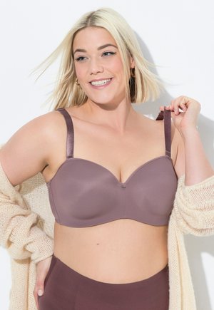Soutien-gorge mauve avec armatures en tissu lisse et bretelles en satin réglables. Il présente un ornement central et un design sans coutures pour plus de confort.