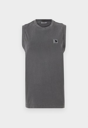 Sivi bezrukavni majica napravljena od mješavine pamuka. Ima okrugli izrez i mali logotip na lijevoj strani prsnog područja.