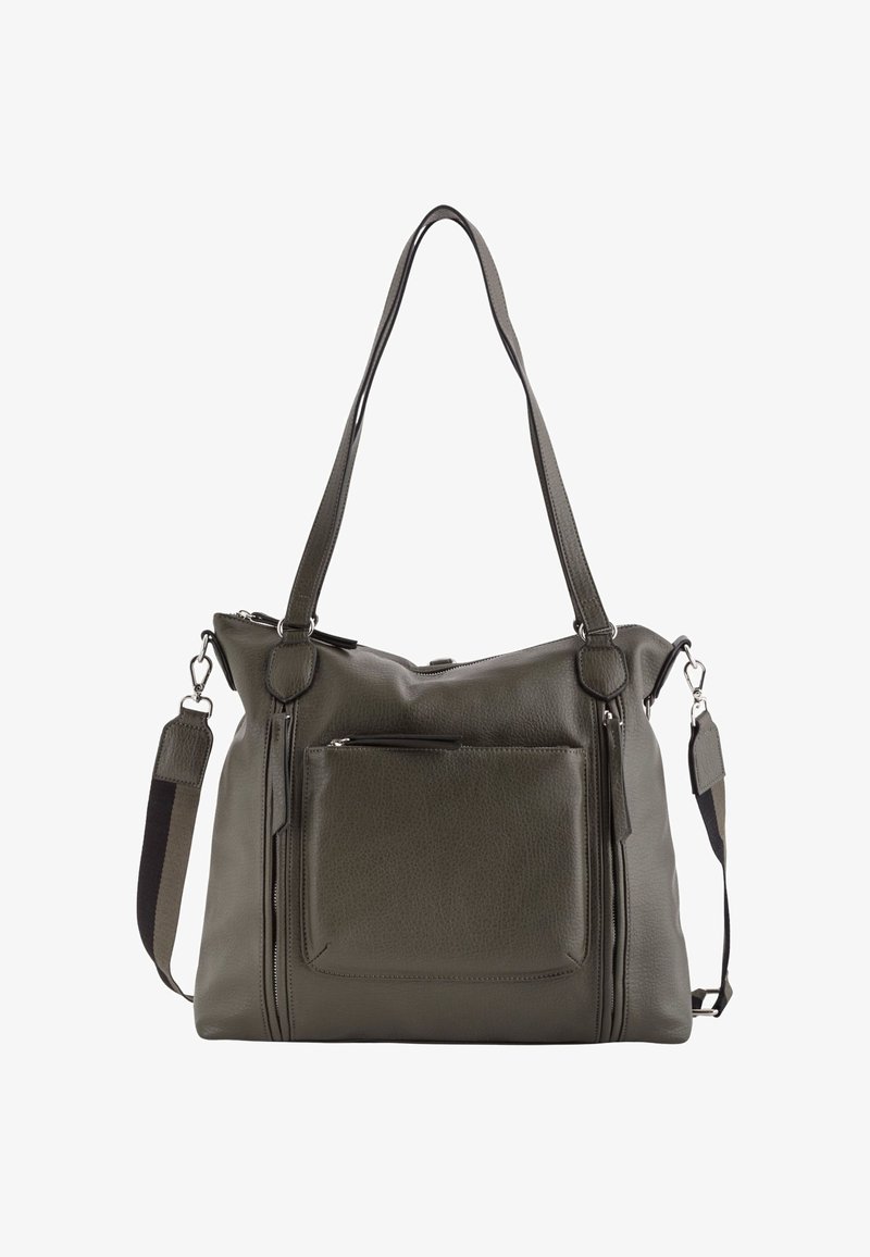 Zielonooliwkowa skórzana torebka z dwiema uchwytami u góry, odpinanym paskiem na ramię, wieloma zamykanymi na zamek przegrodami oraz przednią kieszenią.