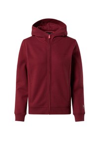 Sudadera con capucha en color burdeos, con cremallera frontal, puños y dobladillo acanalados. Presenta bolsillos laterales y un pequeño logo en la parte izquierda del pecho.