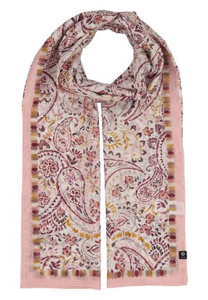 Light pink scarf with floral and paisley patterns in shades of mauve, mustard, and brown, featuring a striped border.