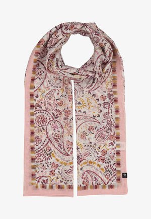 Hellrosa Schal mit Blumen- und Paisley-Mustern in den Farbtönen Mauve, Senf und Braun, mit einem gestreiften Rand.