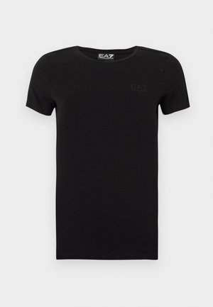 Black short-sleeve t-shirt made of cotton with a crew neck, featuring a subtle logo on the chest. Smooth texture, fitted design.