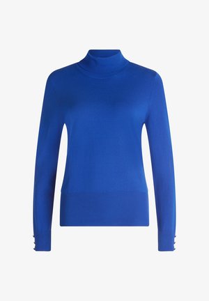 Helles blauer Rollkragenpullover mit langen Ärmeln, gerippten Bündchen mit drei Knöpfen und einer durchgehend glatten, weichen Textur.