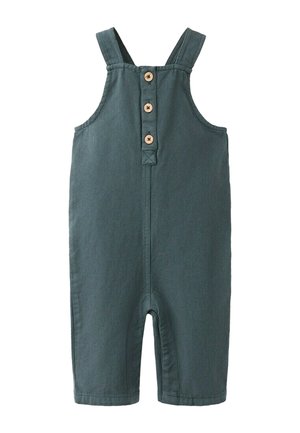 Salopette vert foncé pour tout-petit avec trois boutons en bois sur la poitrine et des bretelles sans manches, fabriquée en tissu doux.