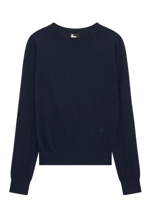 Maglione a maglia blu navy con scollatura tonda, maniche lunghe, polsini e orlo a costine. Presenta un piccolo logo nella parte inferiore sinistra della parte anteriore.