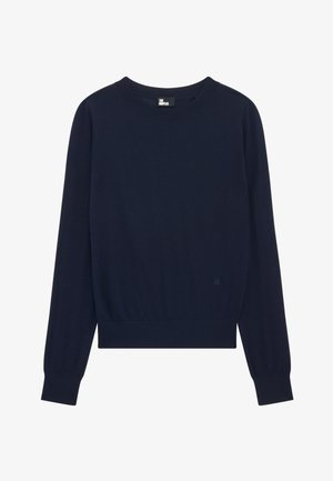 Dunkelblauer Strickpullover mit Rundhalsausschnitt, langen Ärmeln, gerippten Bündchen und Saum. Verfügt über ein kleines Logo auf der unteren linken Seite.