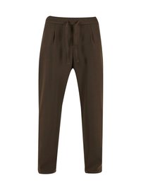 Pantalons de sport marron avec une taille élastique et un cordon de serrage ajustable. Présente une coupe droite et une texture lisse et douce.
