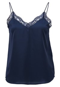 Mörkblå sidentopp med spetskant längs V-ringningen, tunna justerbara axelband och en slät, något lös passform.