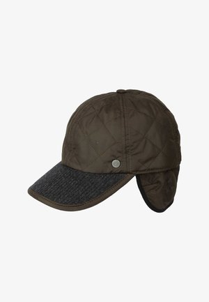 Kvatēta brūna ziemas cepure ar pelēku teksturētu vāku un sānu ausu aizsargiem, kas izstrādāta siltumam un izmantošanai brīvā dabā.