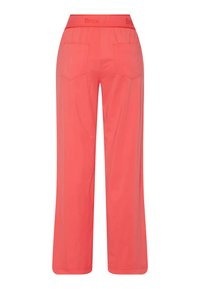 Pantalon corail à jambes larges avec ceinture élastique et deux poches plaquées au dos, vu de dos.