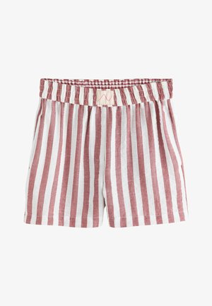 Piros-fehér csíkos rövidnadrág elasztikus derékrésszel, két oldalzsebbel és puha, texturált anyagból. Kis logó címke díszíti.