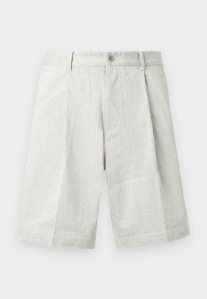 Pantaloncini grigio chiaro in tessuto strutturato, con chiusura a bottone, pieghe e taglio dritto, adatti per un abbigliamento casual.