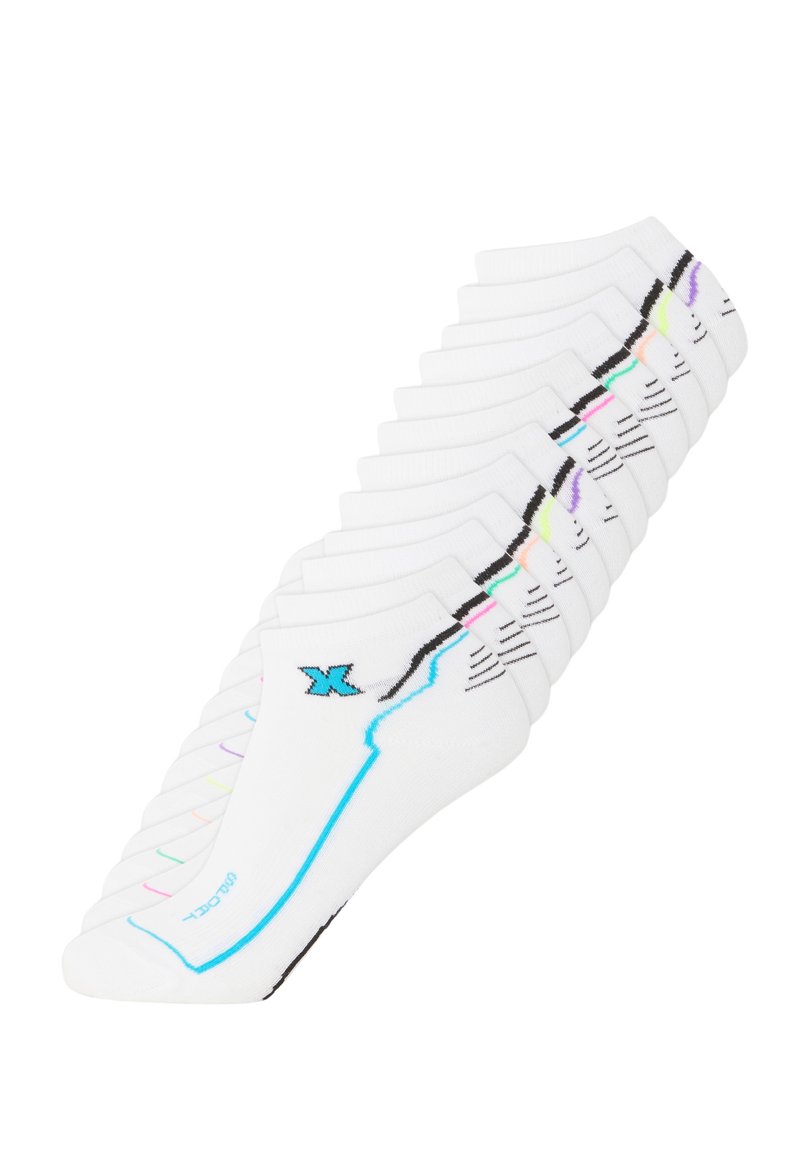 White ankle socks featuring colorful accents in purple, green, and pink, with a black and blue logo and a distinct striped pattern.