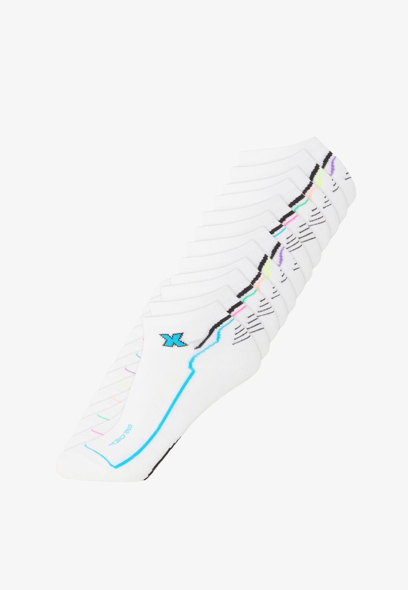 White ankle socks featuring colorful accents in purple, green, and pink, with a black and blue logo and a distinct striped pattern.