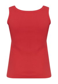 Red, sleeveless tank top made of a smooth, stretchy fabric with a rounded neckline and a fitted silhouette. No patterns or accents.