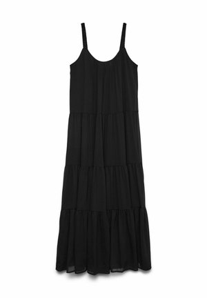 Zwarte, mouwloze maxi-jurk met een gelaagd ontwerp, voorzien van een vloeiende textuur en slanke bandjes met een gerimpeld detail.