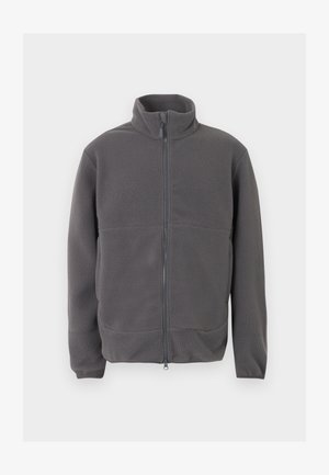 Gray full-zip fleece jacket with high collar, long sleeves, and soft textured fabric, displayed against a pale background.