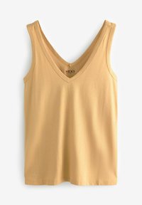 Geel mouwloos V-hals tanktop gemaakt van zachte stof met een gladde textuur; heeft een label bij de halslijn.