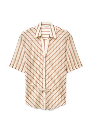 Beige short-sleeve button-up shirt with a collar, featuring diagonal rust-colored stripes and a tied waist detail.