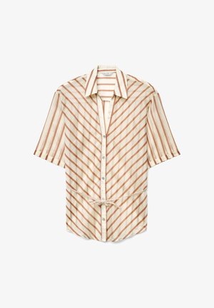 Beige short-sleeve button-up shirt with a collar, featuring diagonal rust-colored stripes and a tied waist detail.