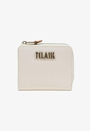 Krémově zbarvená texturovaná peněženka se stříbrným logem "TULASS" a zapínáním na zip s malým koženým poutkem.