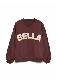 Burgundi pikkade varrukatega sweatshird, puffitatud varrukatega ja rinnaosas suurte valgete tähtedega "BELLA", ringkaelus.