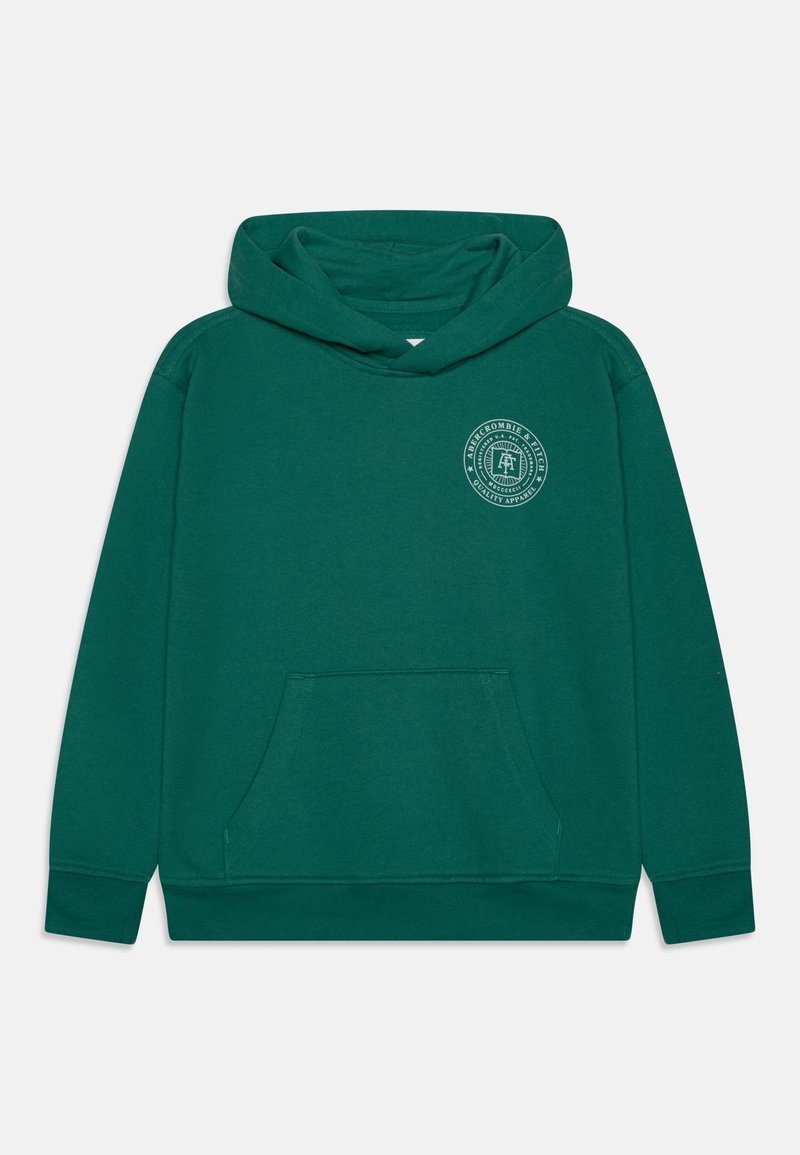 Hoodie en coton vert avec une poche avant, une grande capuche et un logo circulaire imprimé sur la poitrine gauche. Texture lisse et coupe décontractée.