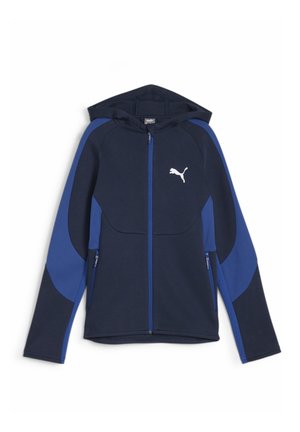 Sweat à capuche zippé Puma bleu marine avec des accents de panneaux bleu royal sur les manches, la capuche et les côtés, arborant un logo Puma blanc sur la poitrine.