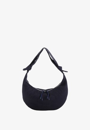 Marineblauer, strukturierter, halbmondförmiger Handtasche mit geknotetem Schulterriemen und Reißverschluss mit zwei Zugschnüren.