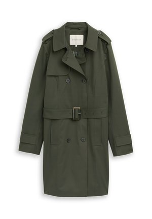 Olijfgroene dubbele rij knoop trenchcoat met geknoopte epauletten, riem met metalen gesp en manchettenbanden.