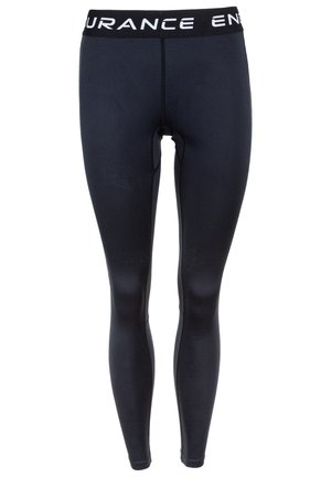 Musta legginsit, jotka ovat tiukassa istuvuudessa, valmistettu joustavasta materiaalista. Varustettu leveällä elastisella vyötäröosalla, jossa on valkoisella painettu "ENDURANCE".