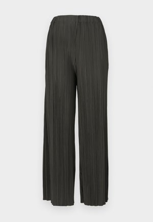 Dark green pleated wide-leg pants with an elastic waistband, featuring vertical texture and a flowing, lightweight fabric.