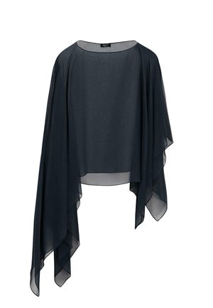 Ciemnogranatowa asymetryczna bluzka z szyfonu z szerokimi, zwiewnymi rękawami i zaokrąglonym dekoltem.