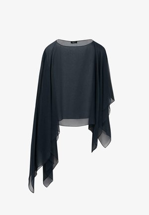 Ciemnogranatowa asymetryczna bluzka z szyfonu z szerokimi, zwiewnymi rękawami i zaokrąglonym dekoltem.