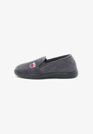 Gray corduroy slip-on shoe with a black rubber sole and elastic side panels. Features a small logo on the front. Textured fabric surface.