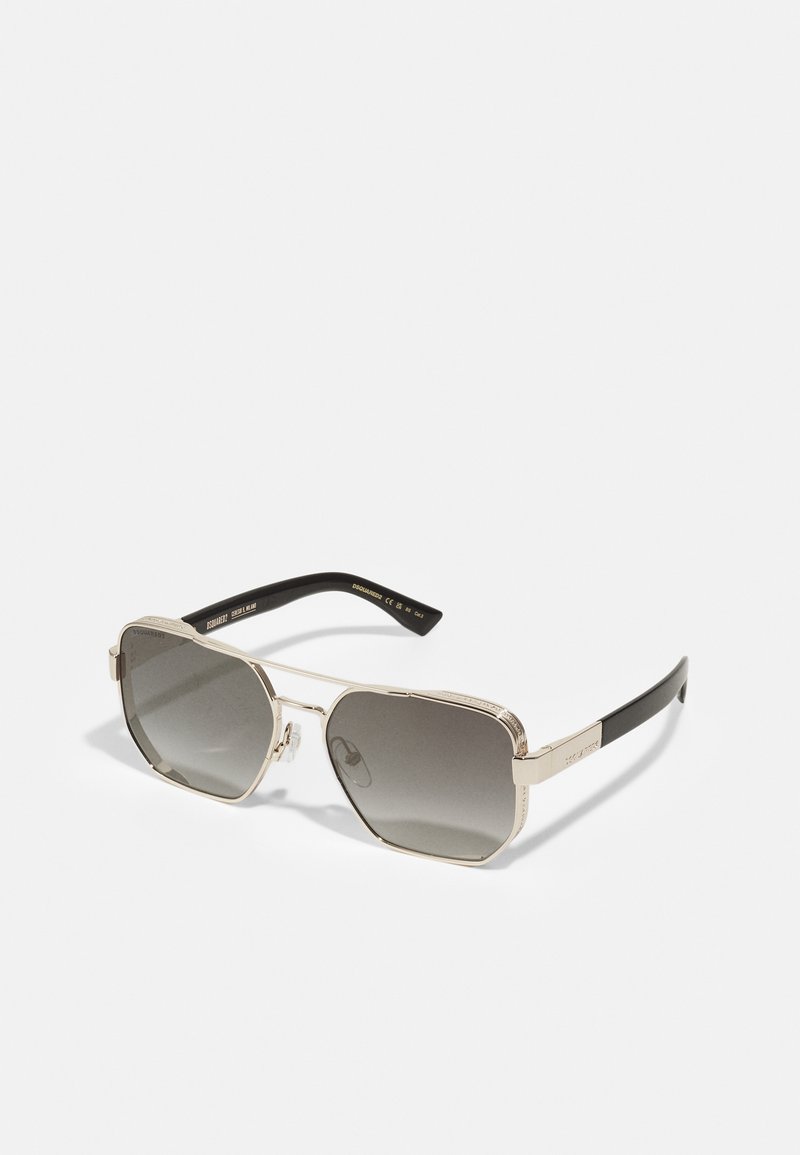 Ochelari de soare cu ramă din metal argintiu, lentile octogonale, nuanță întunecată cu gradient, brațe din acetat negru și accente detaliate pe punte.