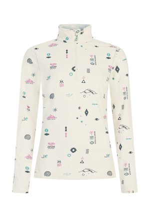 Langsleeve pullover in crème met kleurrijke grafische patronen, voorzien van een ritskraag en een zachte, gladde stofstructuur.