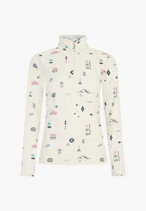 Langsleeve pullover in crème met kleurrijke grafische patronen, voorzien van een ritskraag en een zachte, gladde stofstructuur.