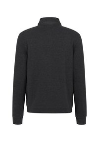 Dunkelgrauer Pullover mit Kragen, langen Ärmeln, gerippten Bündchen und geradem Saum. Der Stoff wirkt weich und leicht mit einer glatten Textur.