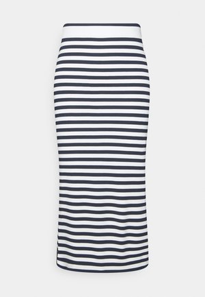 Randig pennkjol med växlande horisontella ränder i marinblått och vitt, tillverkad av ett mjukt, stretchigt tyg med en slät yta.