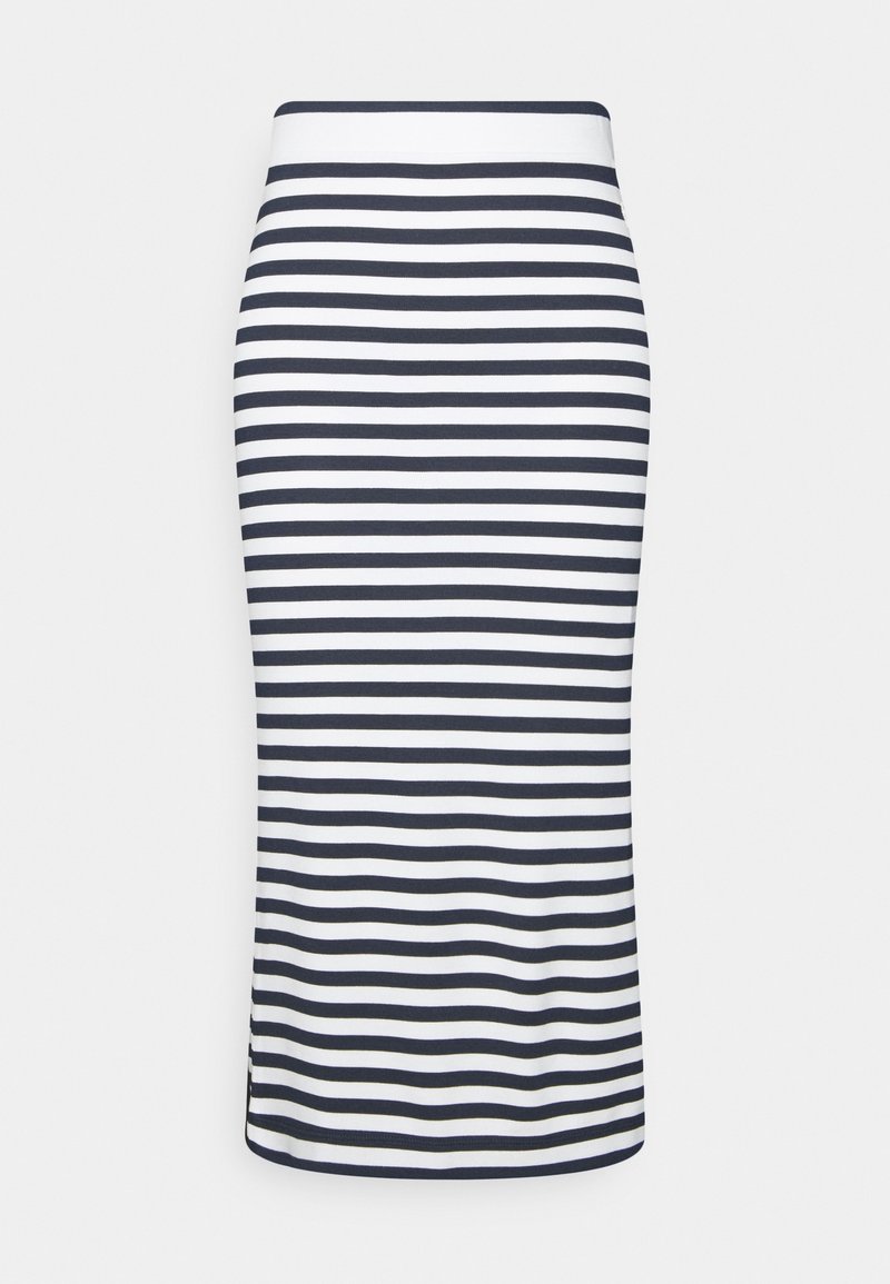 Jupe crayon rayée présentant des rayures horizontales alternées bleu marine et blanc, confectionnée dans un tissu doux et extensible avec une texture lisse.