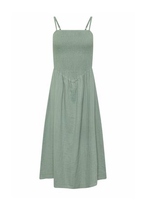 Sleeveless sage green midi dress with smocked fitted bodice, adjustable straps, and flowy skirt made of lightweight textured fabric.