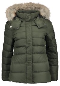 Doudoune vert olive avec capuche en fausse fourrure, dotée d'une fermeture éclair, de boutons-pression et d'une texture matelassée pour l'isolation.